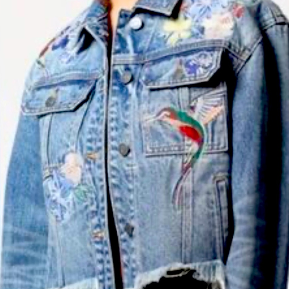 Hidden jeans Embroidered Denim Jacket with Hummingbird Design